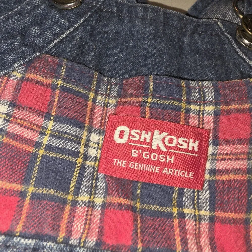 OSHKOSH B’GOSH Sz 18m USA Vintage 2015 Logo Denim Overalls & Red Flannel Shirt